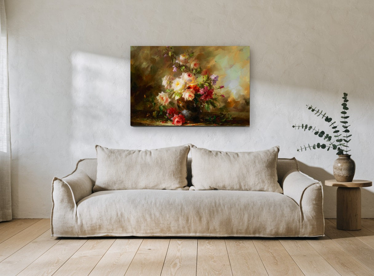 Roses on the Ledge floral canvas print on the wall of a living room