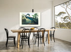 Teal Heron by the Lagoon floral canvas print on the wall of a dining room