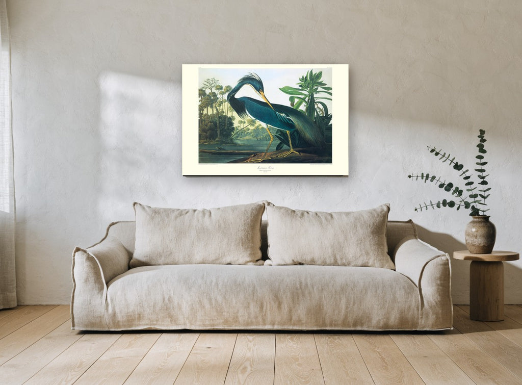 Teal Heron by the Lagoon floral canvas print on the wall of a living room