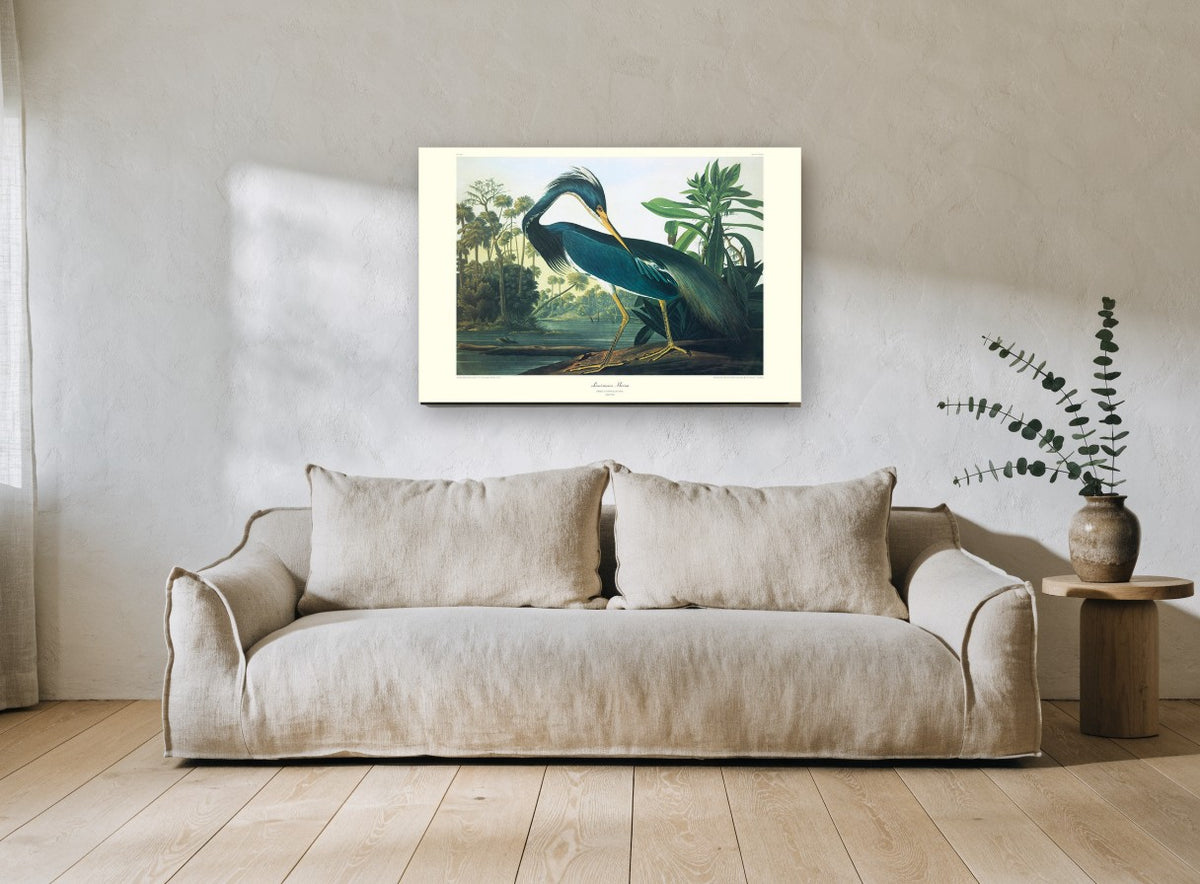 Teal Heron by the Lagoon floral canvas print on the wall of a living room