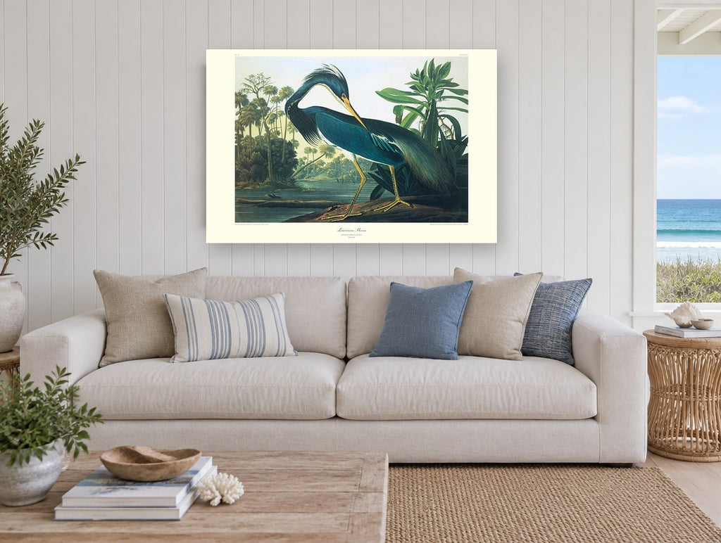 Teal Heron by the Lagoon floral canvas print on the wall of a beach house living room