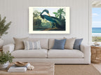 Teal Heron by the Lagoon floral canvas print on the wall of a beach house living room