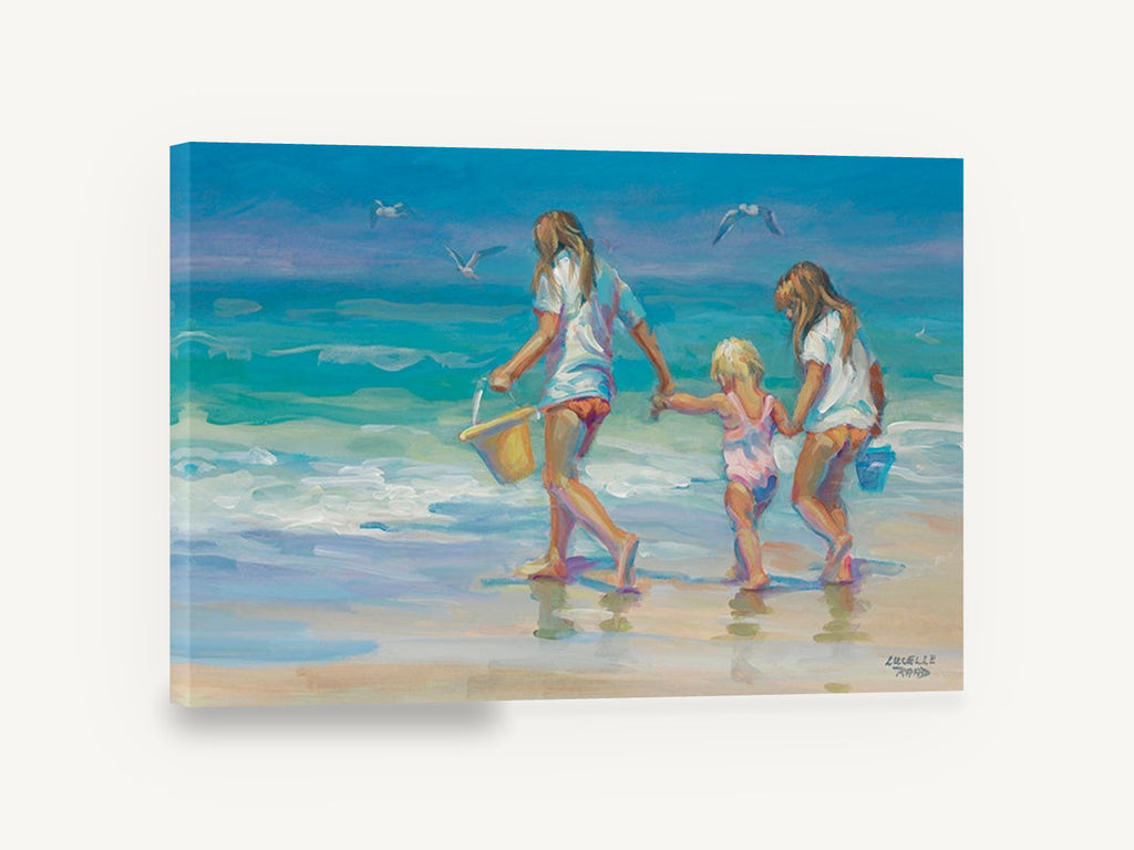 Three Girls at Water's Edge, children walking along beach painting style seascape, coastal canvas wall art print ready to hang