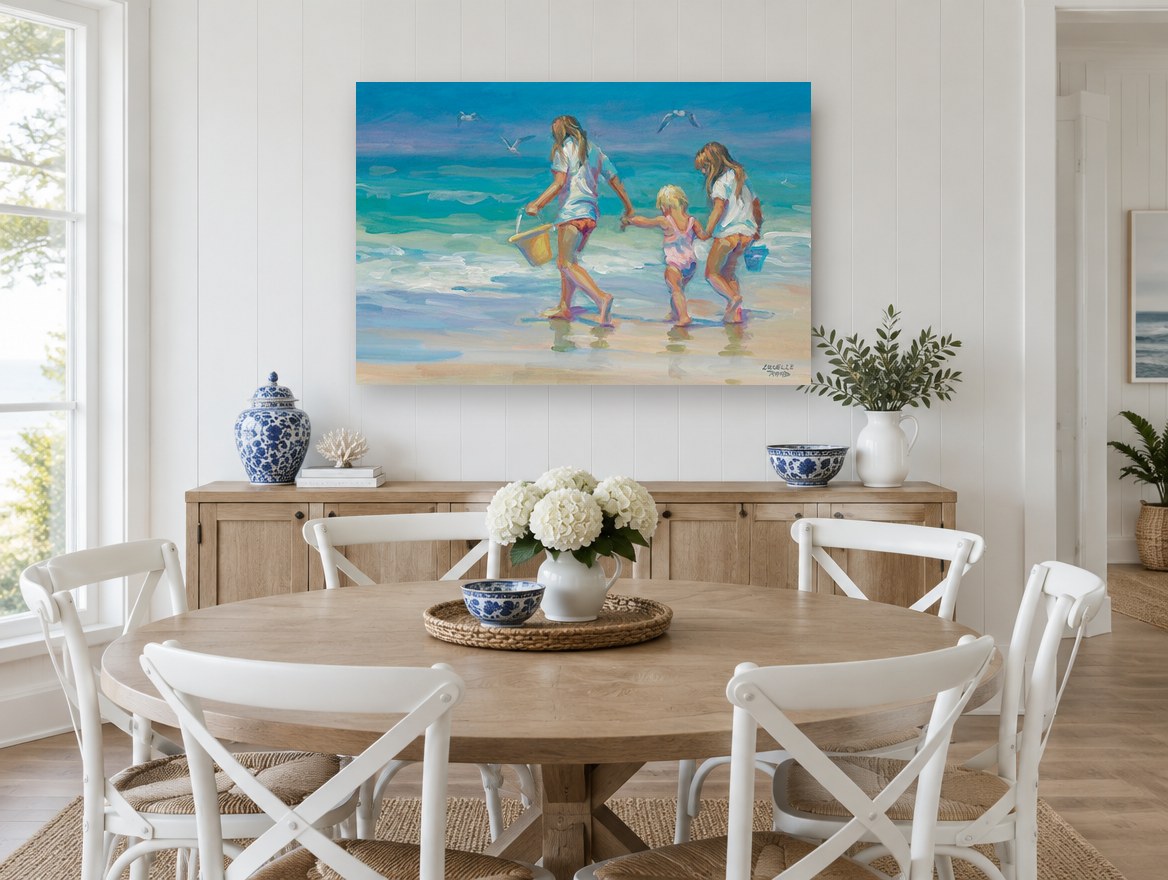 Three Girls at Water's Edge coastal canvas print on the wall of a Hamptons dining room