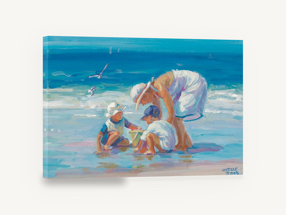 Bucket by the Shore, mother and children beach painting, coastal canvas wall art print ready to hang