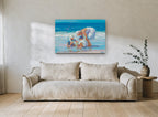 Bucket by the Shore coastal canvas print on the wall of a living room