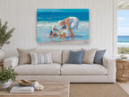 Bucket by the Shore coastal canvas print on the wall of a beach house living room