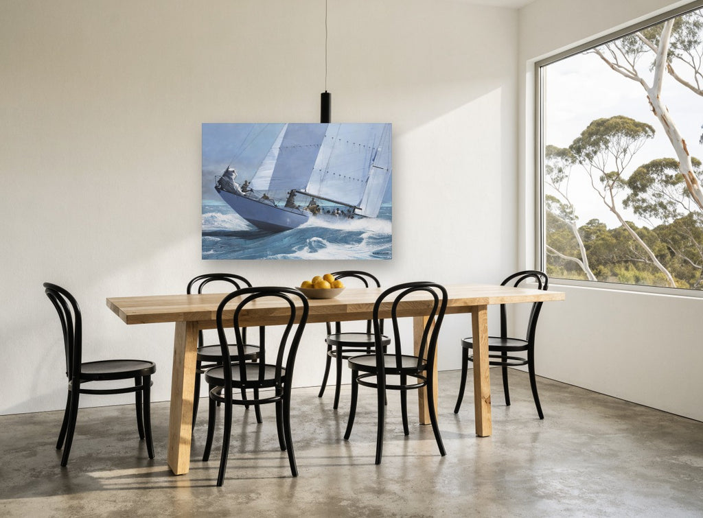 Heeling Into the Swell coastal canvas print on the wall of a dining room