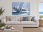 Heeling Into the Swell coastal canvas print on the wall of a beach house living room