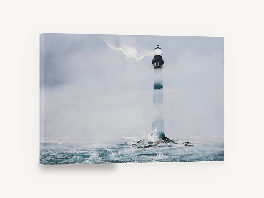 Lighthouse in Sea Fog, foggy lighthouse stormy sea painting, coastal canvas wall art print ready to hang