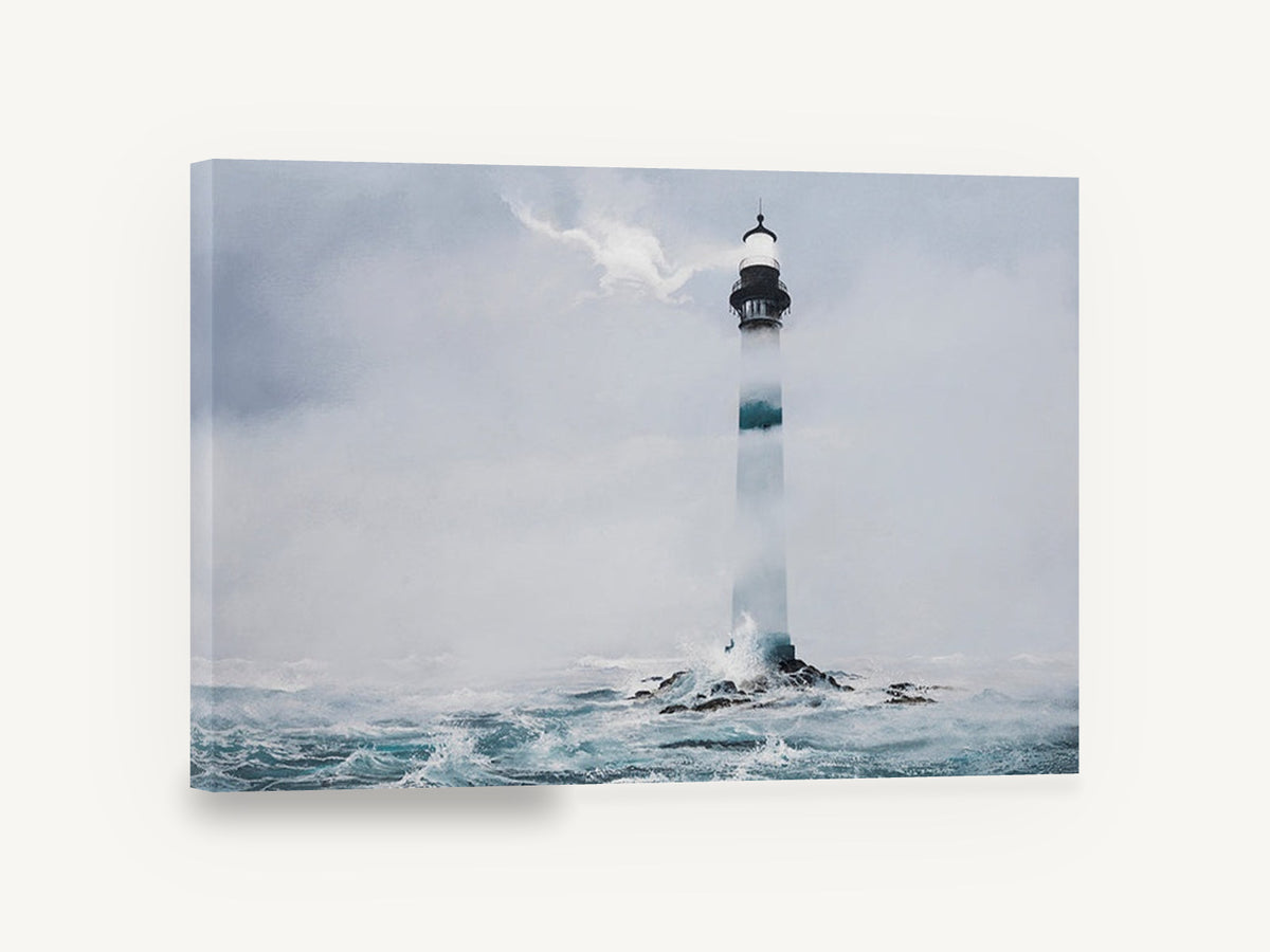 Lighthouse in Sea Fog, foggy lighthouse stormy sea painting, coastal canvas wall art print ready to hang