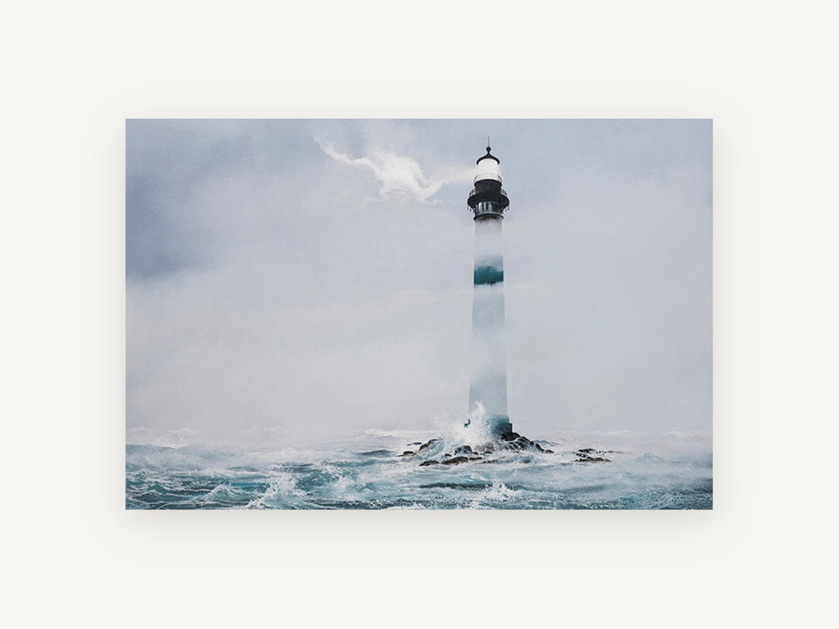 Lighthouse in Sea Fog, coastal canvas wall art print, front view