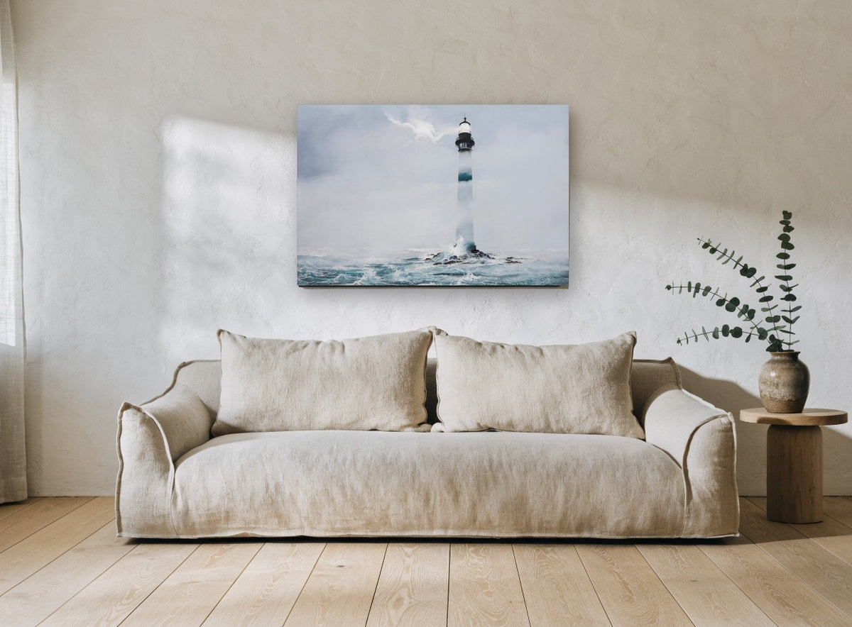 Lighthouse in Sea Fog coastal canvas print on the wall of a living room