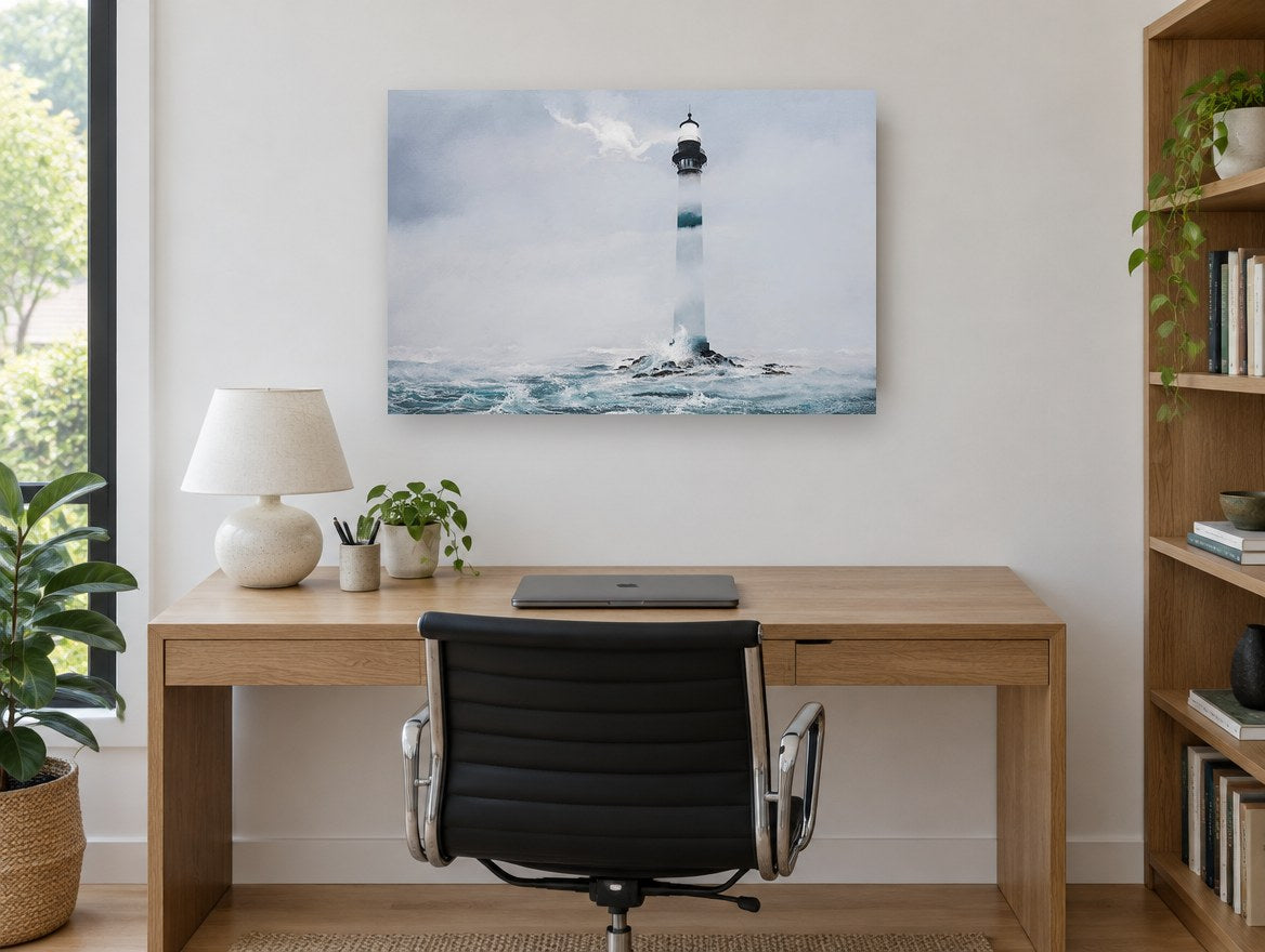 Lighthouse in Sea Fog coastal canvas print on the wall of a study