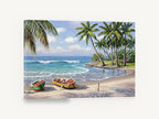 Palm Cove Rowboats, tropical beach rowboats palm trees artwork, coastal canvas wall art print ready to hang