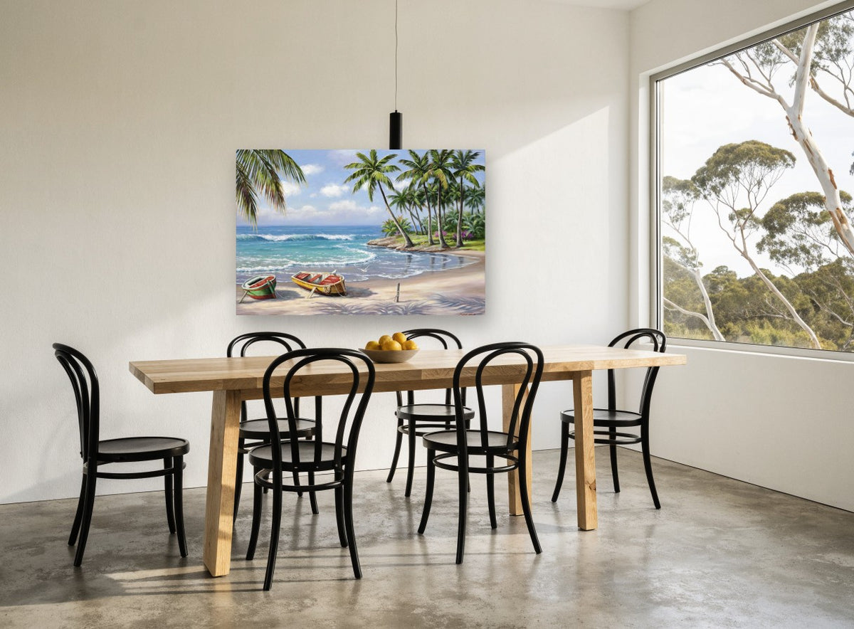 Palm Cove Rowboats coastal canvas print on the wall of a dining room