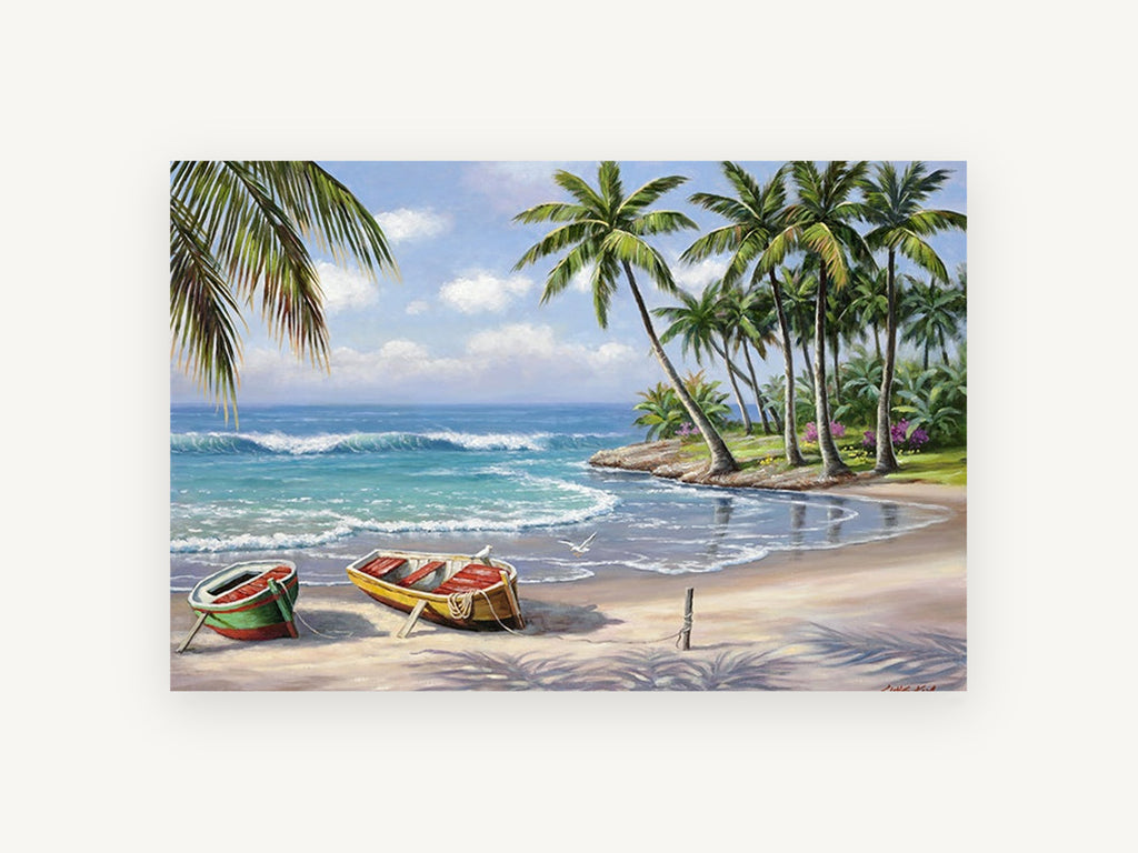 Palm Cove Rowboats, coastal canvas wall art print, front view