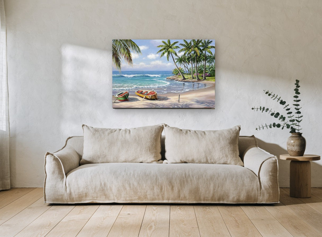 Palm Cove Rowboats coastal canvas print on the wall of a living room