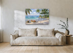 Palm Cove Rowboats coastal canvas print on the wall of a living room