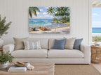 Palm Cove Rowboats coastal canvas print on the wall of a beach house living room