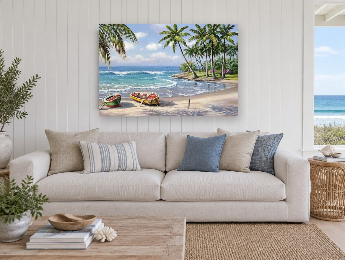Palm Cove Rowboats coastal canvas print on the wall of a beach house living room