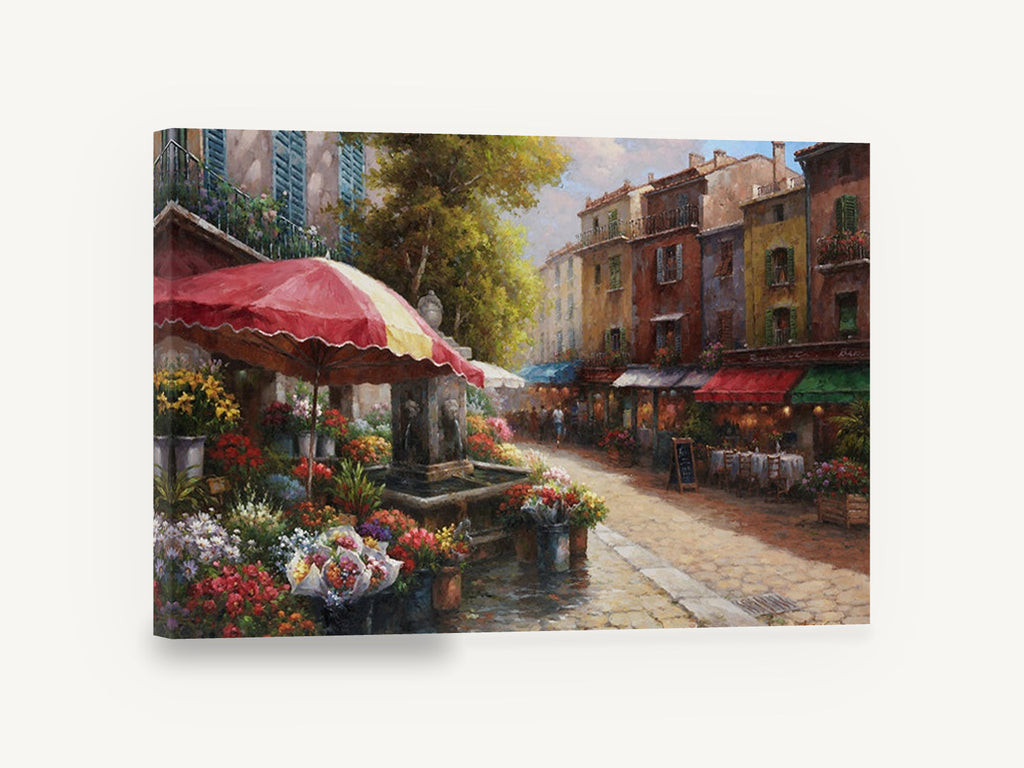 Cobbled Flower Market, flower market street scene painting, floral canvas wall art print ready to hang