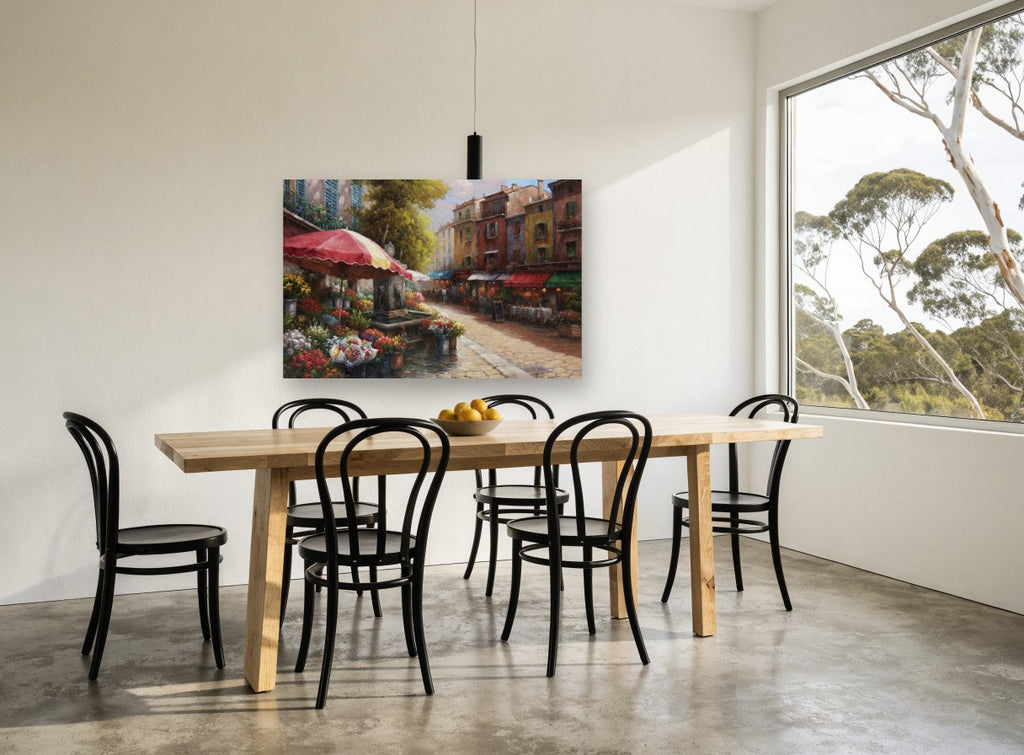 Cobbled Flower Market floral canvas print on the wall of a dining room