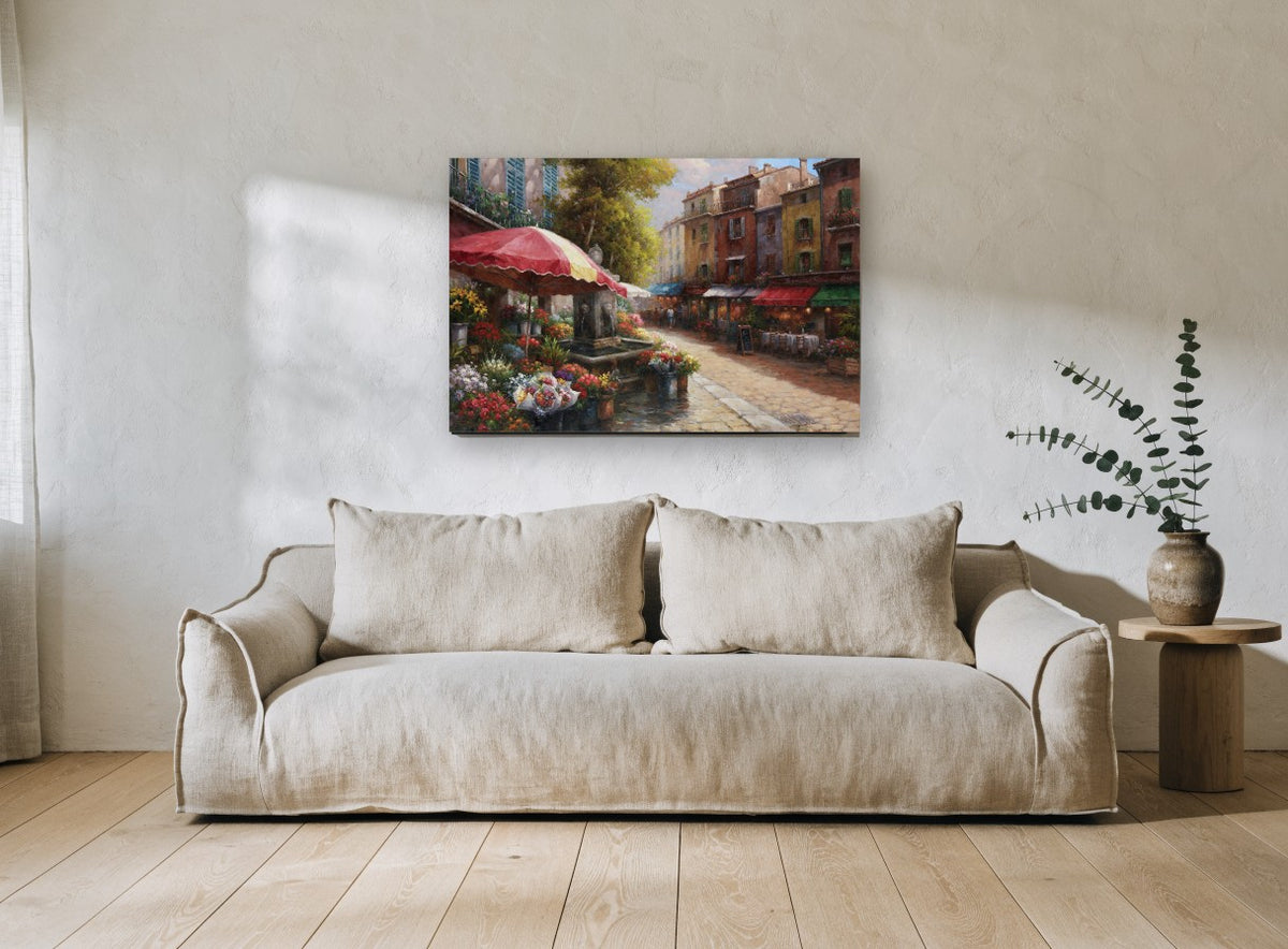 Cobbled Flower Market floral canvas print on the wall of a living room