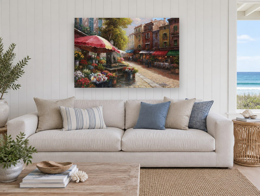 Cobbled Flower Market floral canvas print on the wall of a beach house living room