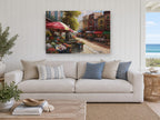 Cobbled Flower Market floral canvas print on the wall of a beach house living room