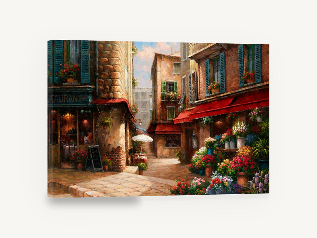 Flower Market Lane, european street flower market painting, floral canvas wall art print ready to hang
