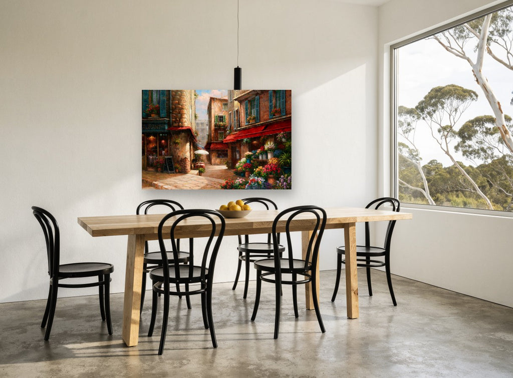 Flower Market Lane floral canvas print on the wall of a dining room