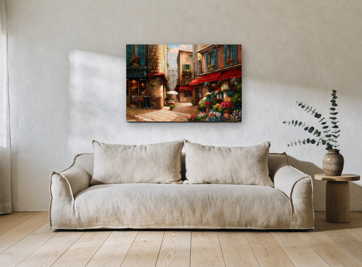 Flower Market Lane floral canvas print on the wall of a living room