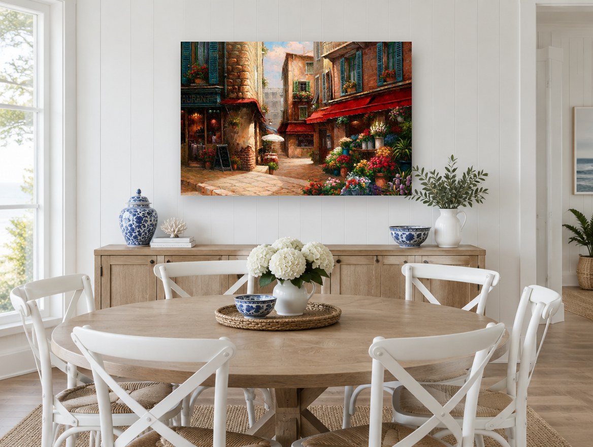 Flower Market Lane floral canvas print on the wall of a Hamptons dining room