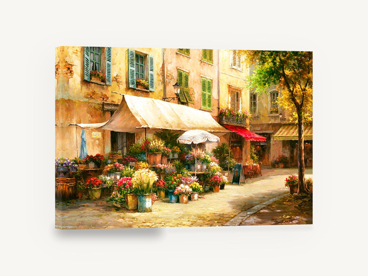 Cobbled Flower Stall, european street flower market scene, floral canvas wall art print ready to hang