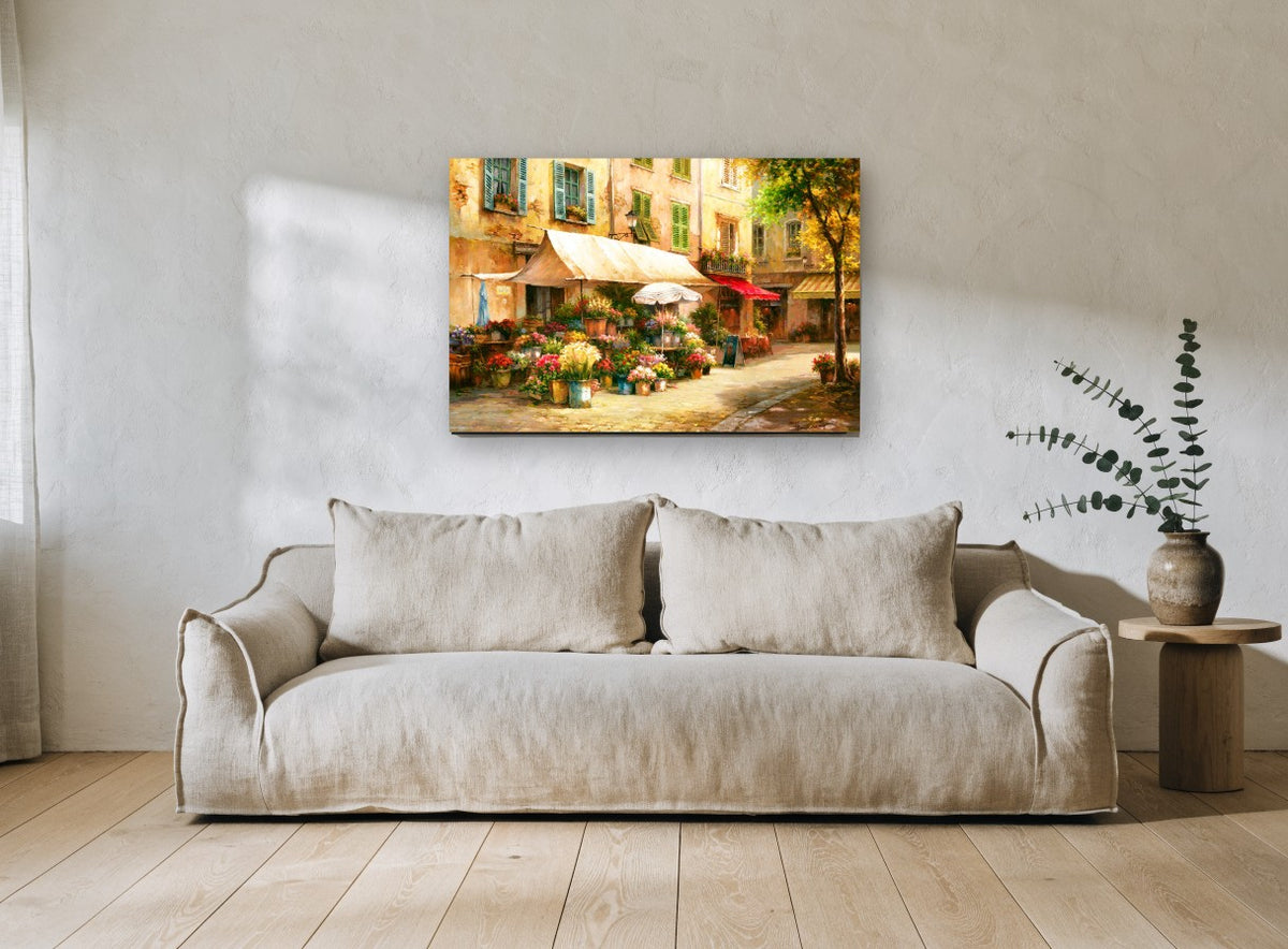 Cobbled Flower Stall floral canvas print on the wall of a living room