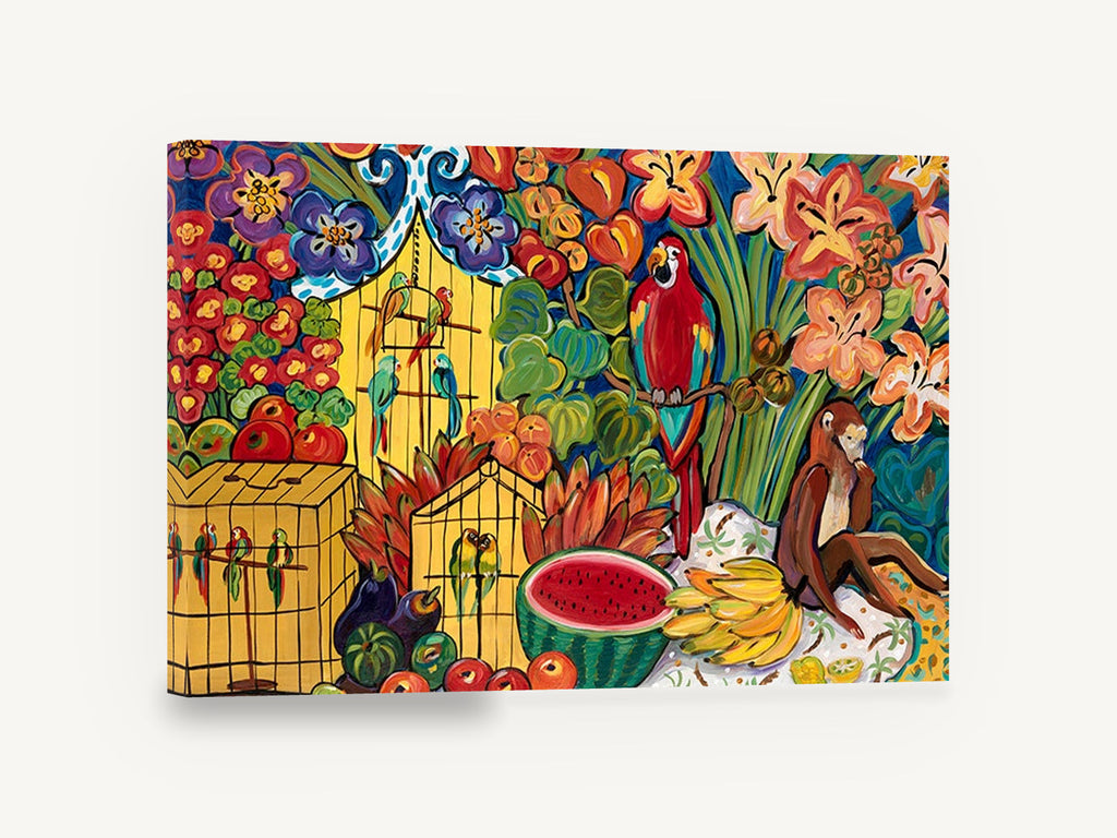 Parrots and Monkey Feast, tropical parrots monkey fruit illustration, floral canvas wall art print ready to hang
