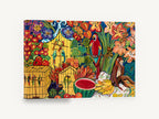 Parrots and Monkey Feast, tropical parrots monkey fruit illustration, floral canvas wall art print ready to hang