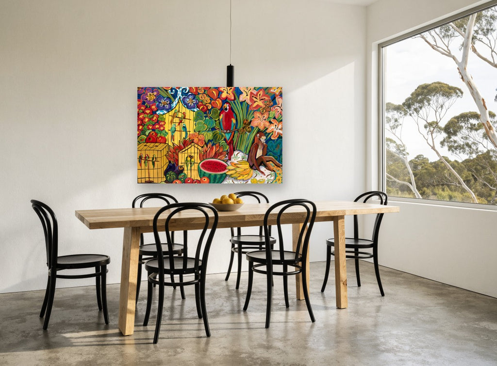 Parrots and Monkey Feast floral canvas print on the wall of a dining room