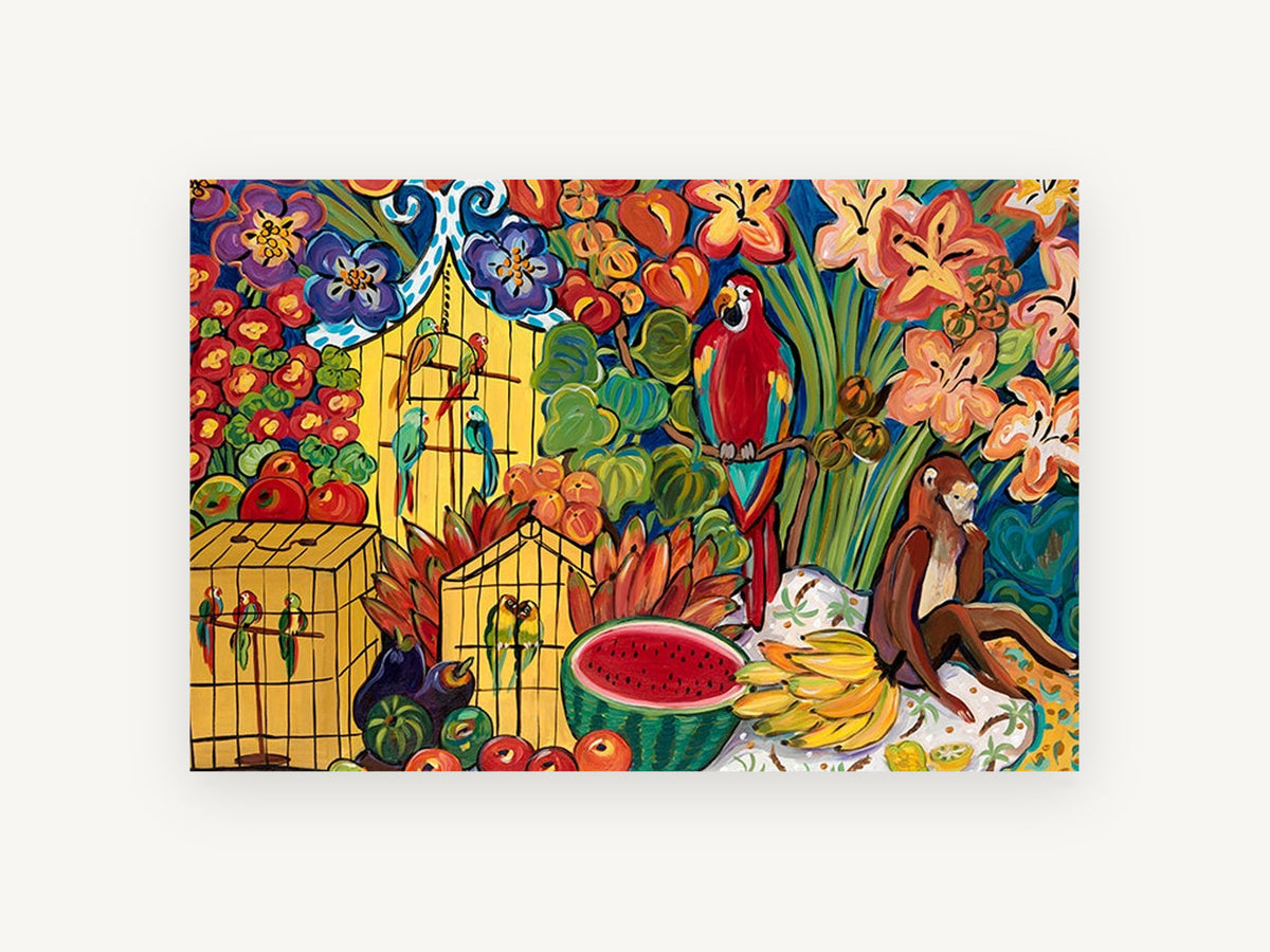 Parrots and Monkey Feast, floral canvas wall art print, front view