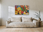 Parrots and Monkey Feast floral canvas print on the wall of a living room