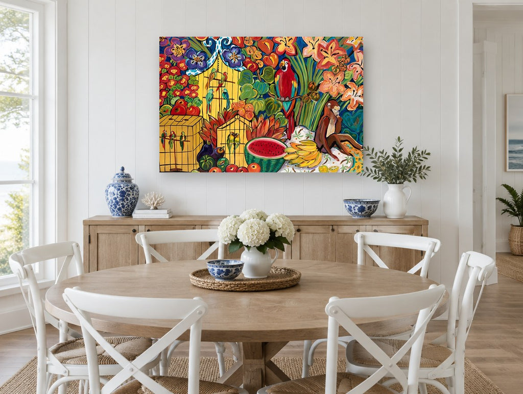 Parrots and Monkey Feast floral canvas print on the wall of a Hamptons dining room