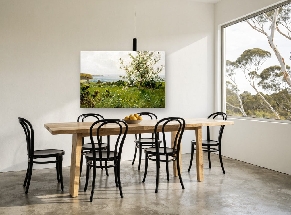 Blossom Above the Bay coastal canvas print on the wall of a dining room