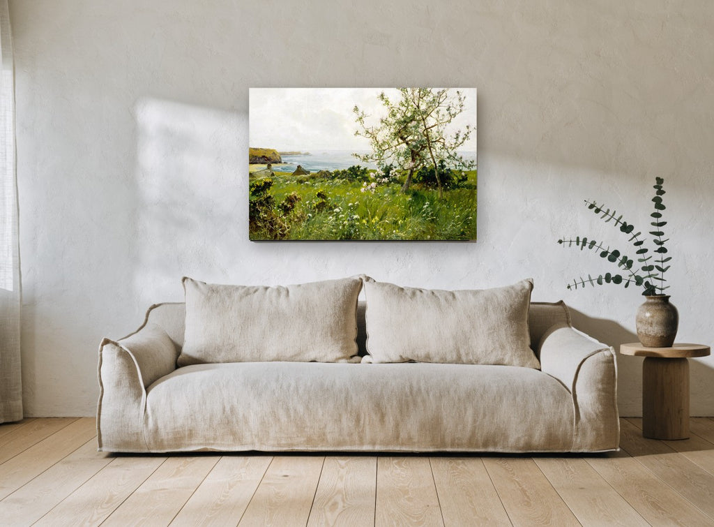 Blossom Above the Bay coastal canvas print on the wall of a living room