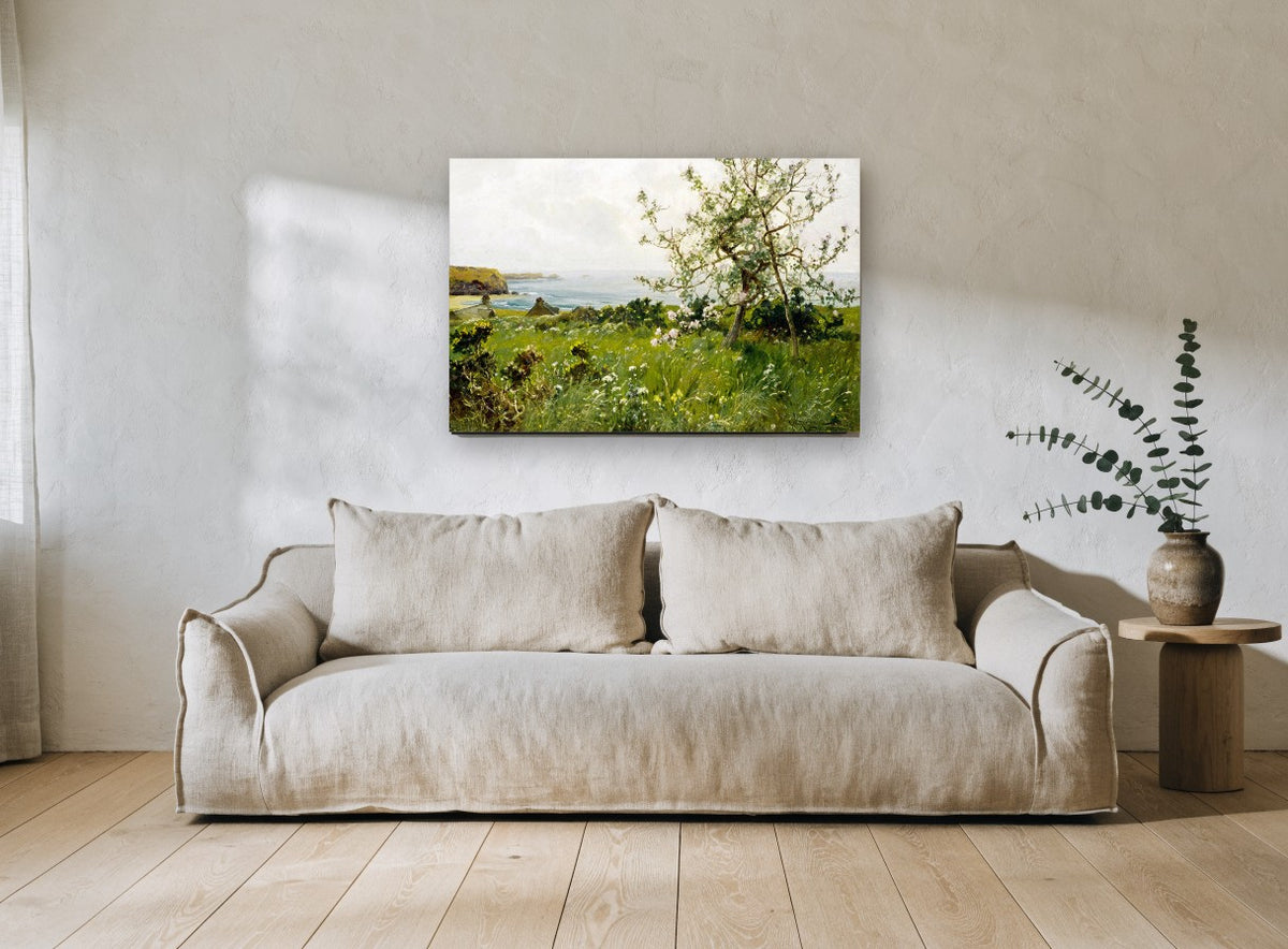 Blossom Above the Bay coastal canvas print on the wall of a living room
