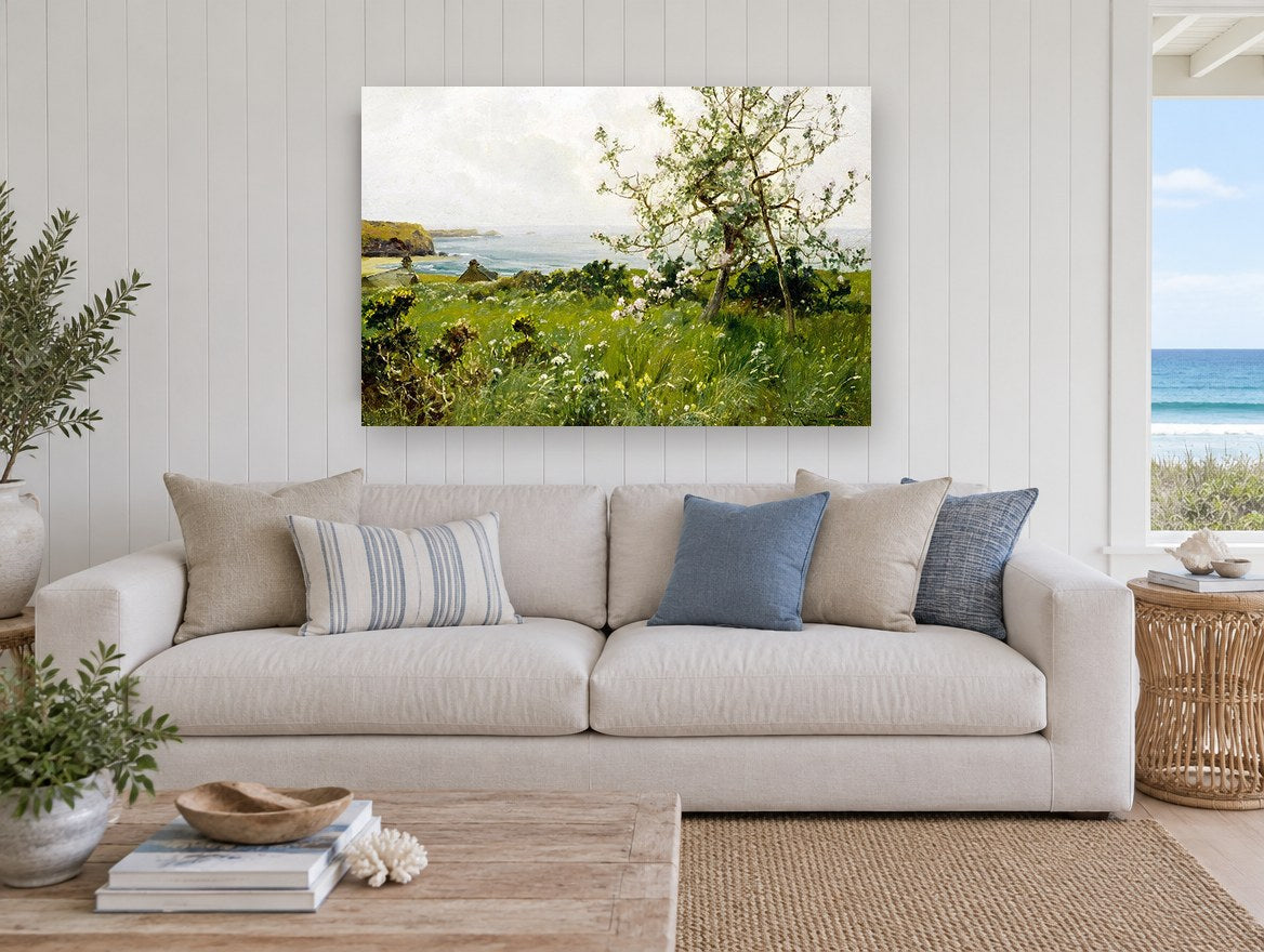 Blossom Above the Bay coastal canvas print on the wall of a beach house living room