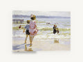 Children at the Shallows, children paddling beach impressionist seascape, coastal canvas wall art print ready to hang