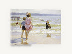 Children at the Shallows, children paddling beach impressionist seascape, coastal canvas wall art print ready to hang