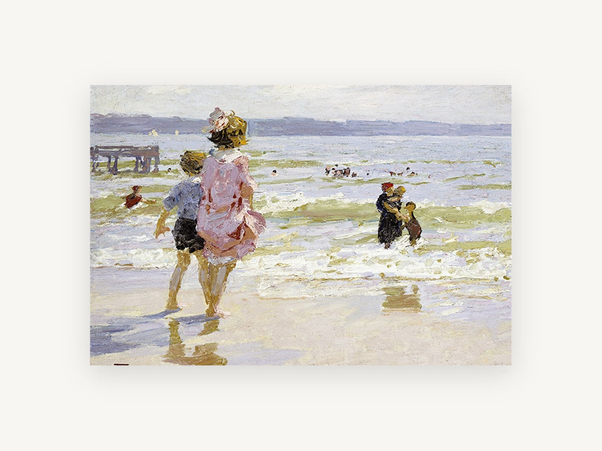 Children at the Shallows, coastal canvas wall art print, front view