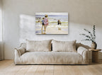 Children at the Shallows coastal canvas print on the wall of a living room